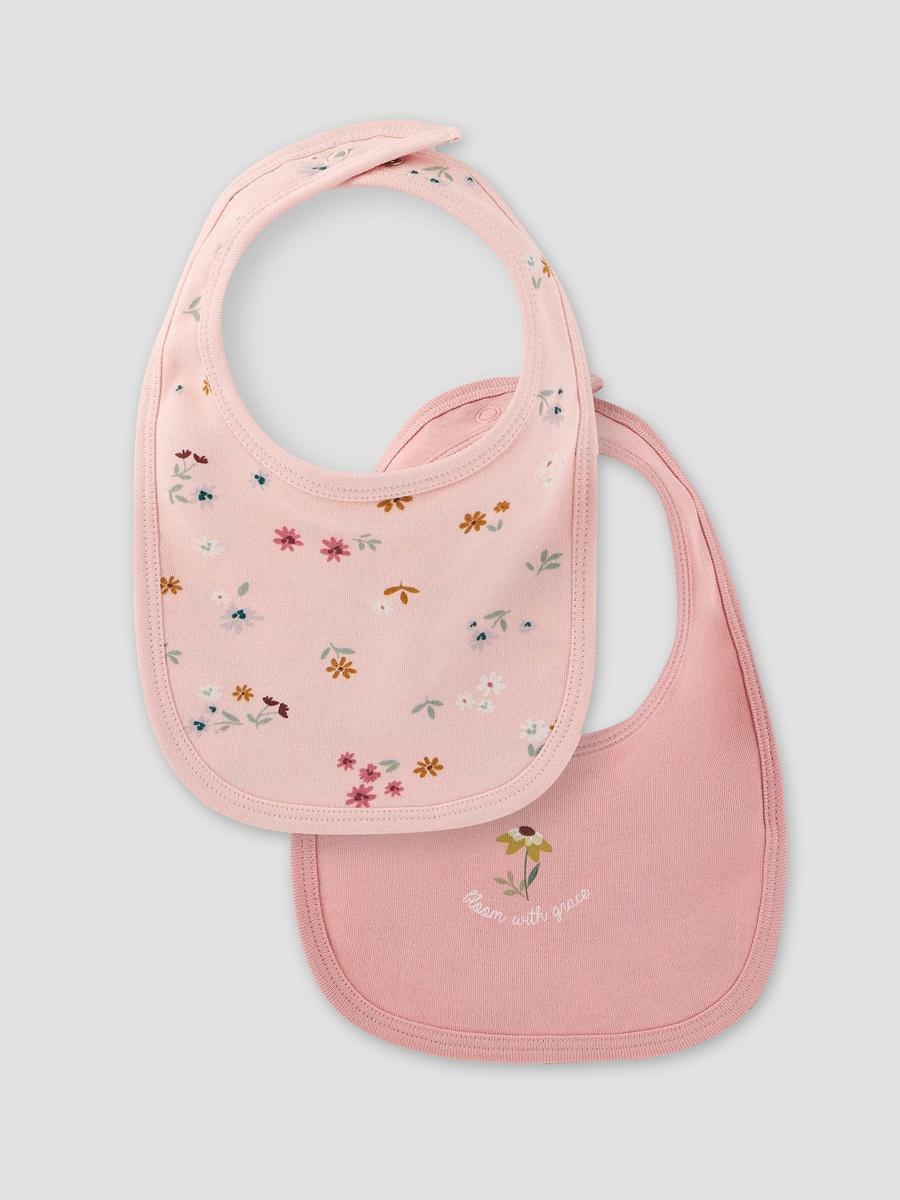 Floral Print Bib with Button Closure - Set of 2