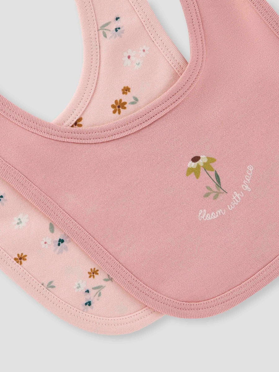 Floral Print Bib with Button Closure - Set of 2