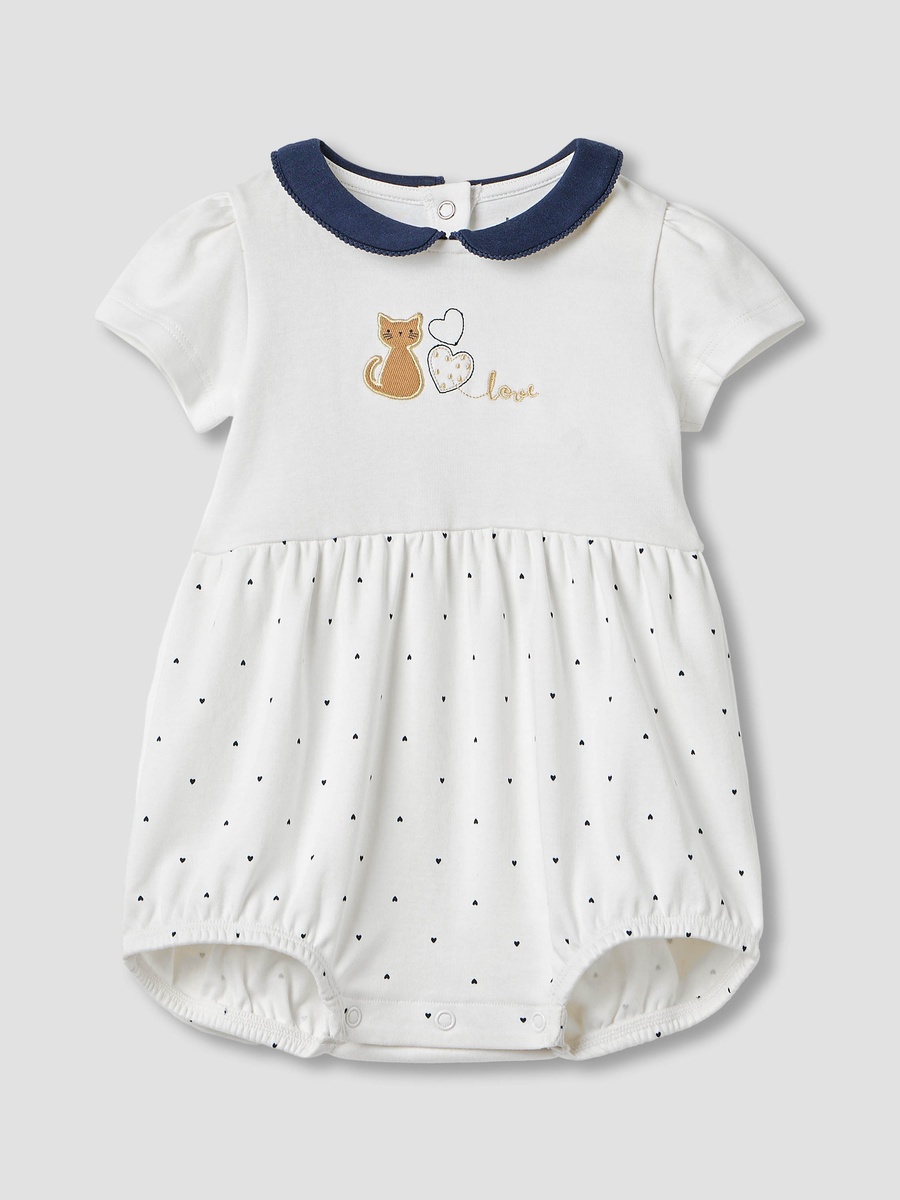 Heart Print Romper with Short Sleeves and Button Closure
