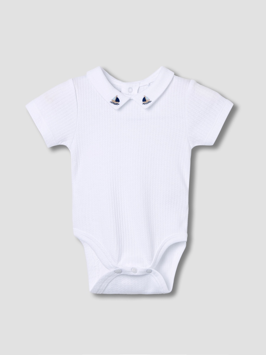 Giggles Textured Bodysuit with Embroidered Collar and Button Closure
