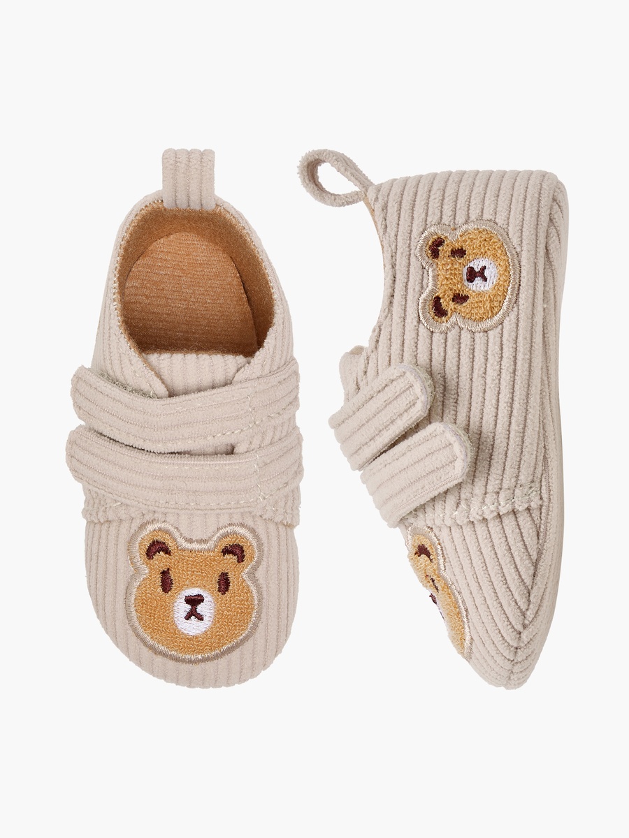 Bear Applique Corduroy Booties with Hook and Loop Closure
