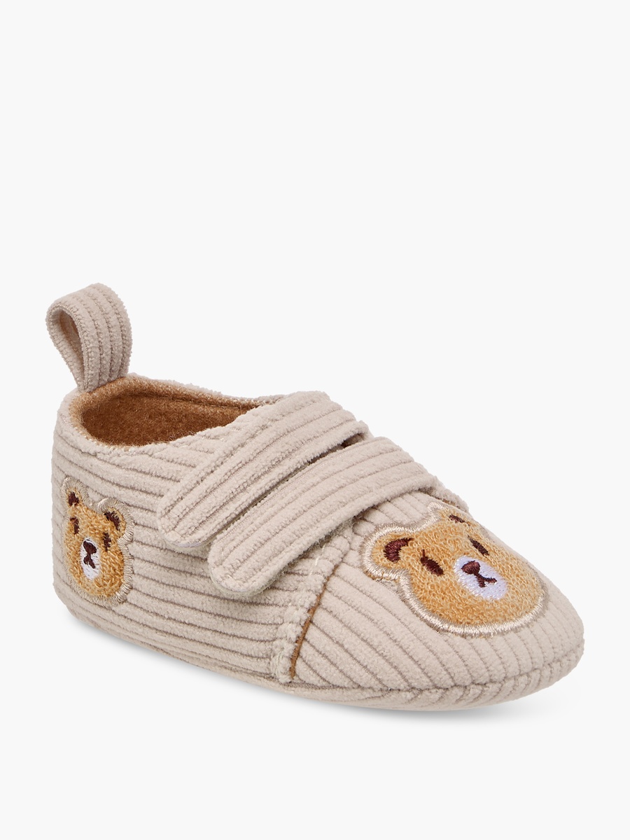 Bear Applique Corduroy Booties with Hook and Loop Closure