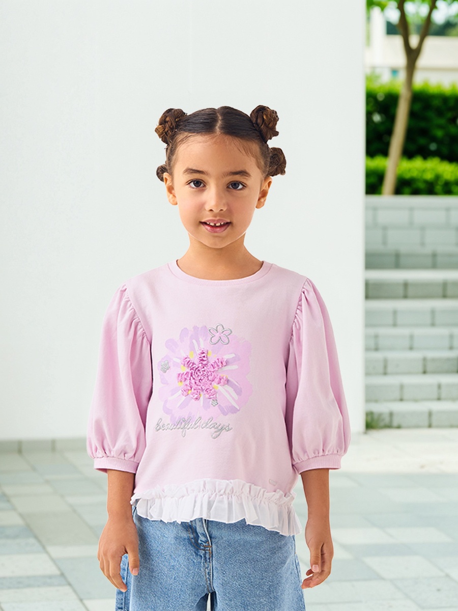 Flower Applique T-Shirt with 3/4 Sleeves and Ruffle Detail