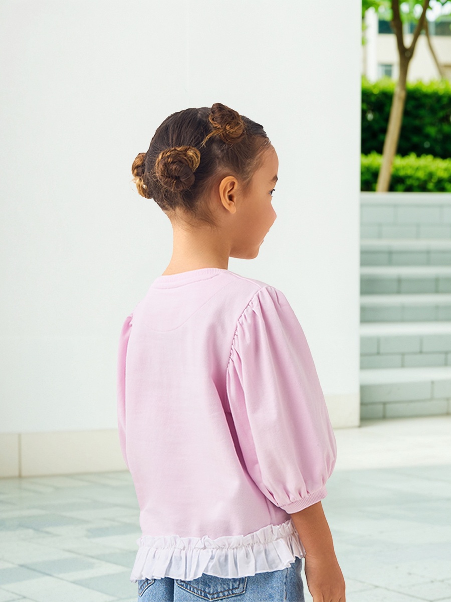 Flower Applique T-Shirt with 3/4 Sleeves and Ruffle Detail