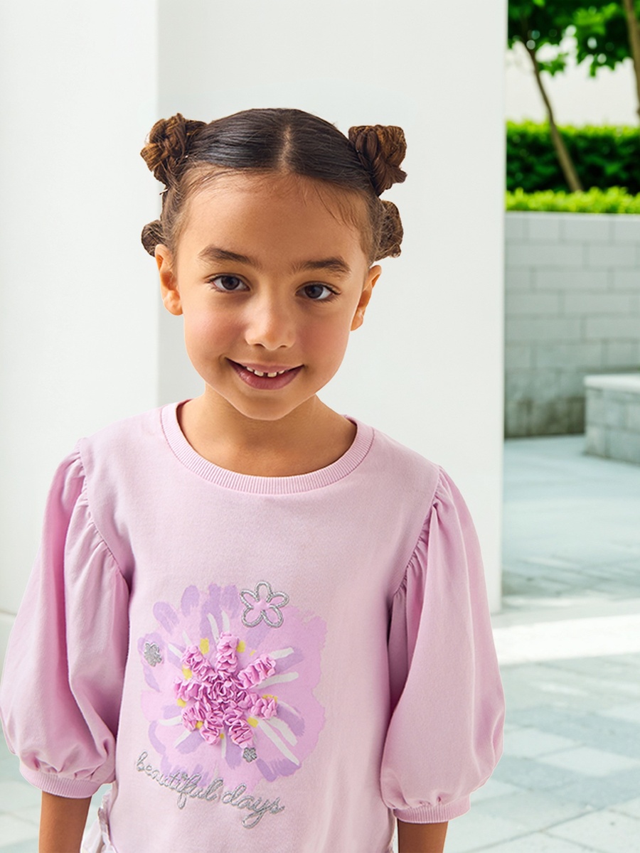 Flower Applique T-Shirt with 3/4 Sleeves and Ruffle Detail