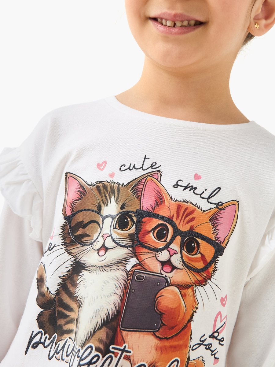 Cat Print T-Shirt with Long Sleeves
