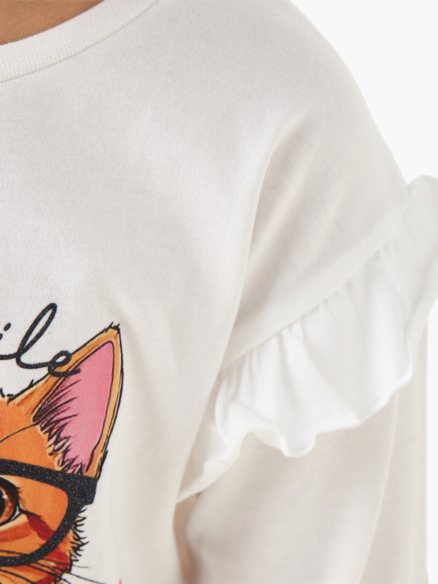 Cat Print T-Shirt with Long Sleeves