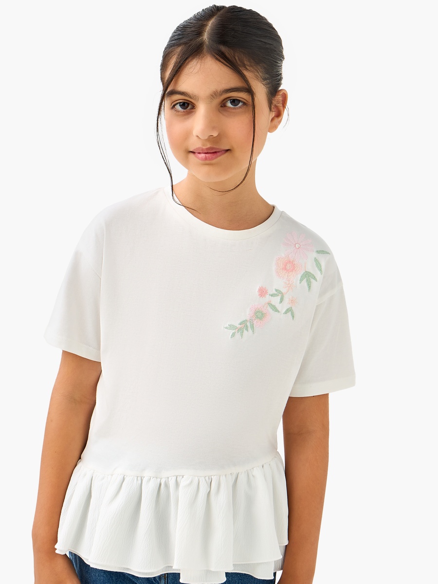 Floral Embroidered Peplum T-Shirt with Short Sleeves