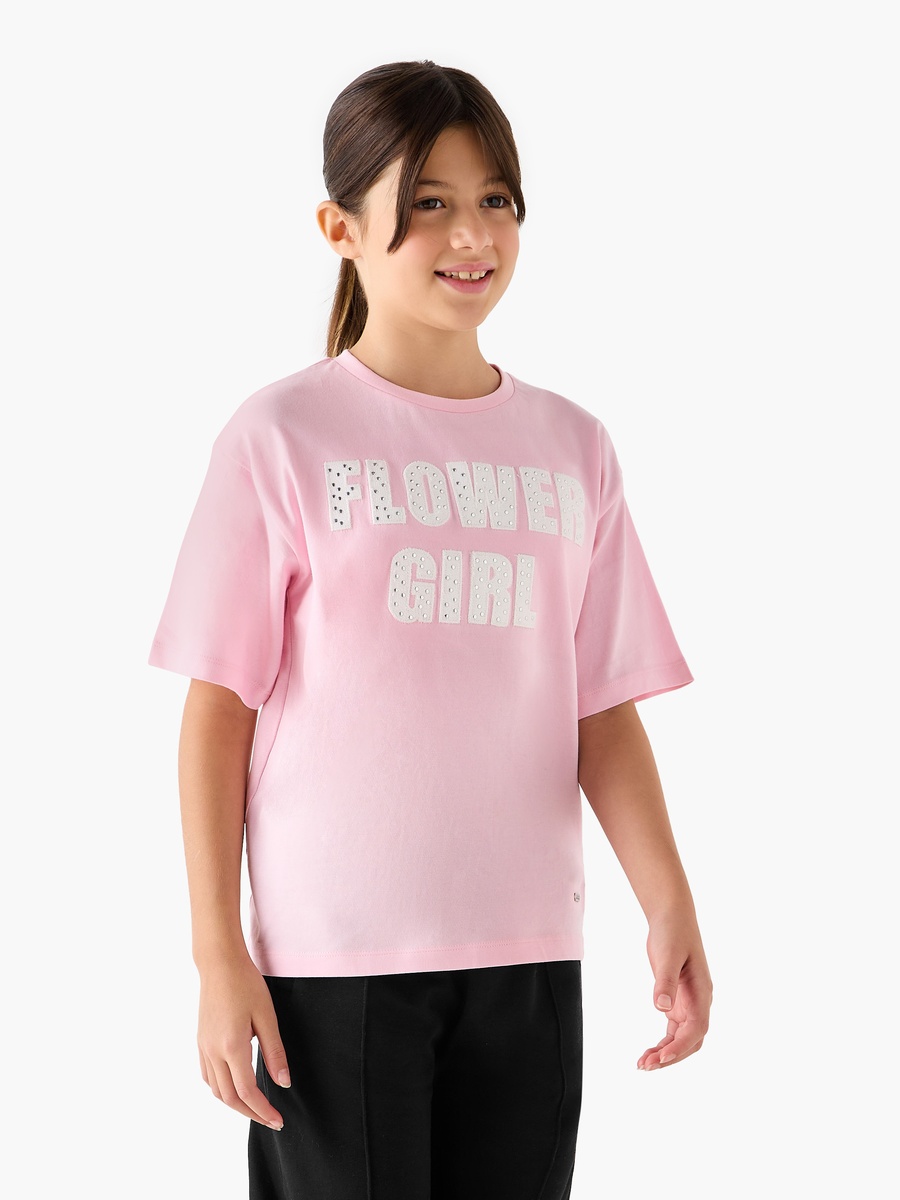 Embellished Slogan T-Shirt with Short Sleeves
