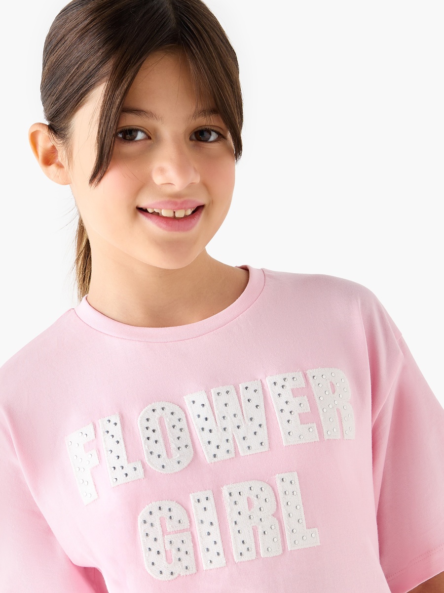 Embellished Slogan T-Shirt with Short Sleeves