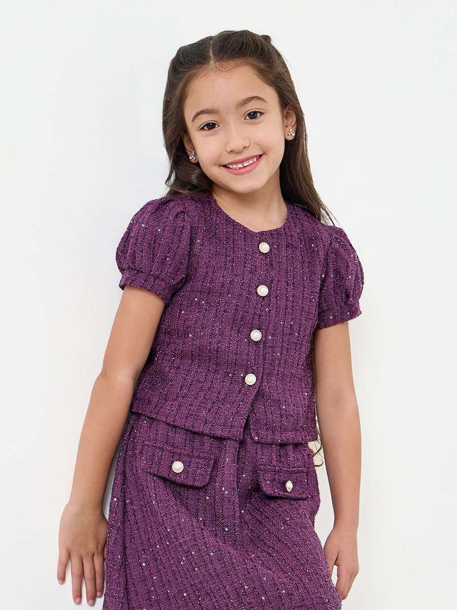 Girls Purple Tweed Top and Skirt Set
