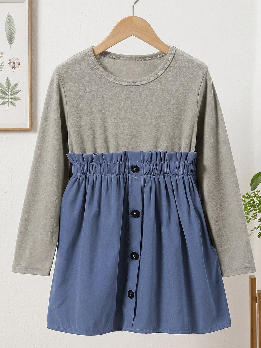 Girls Color Blocked Elastic Waist Button Front Dress