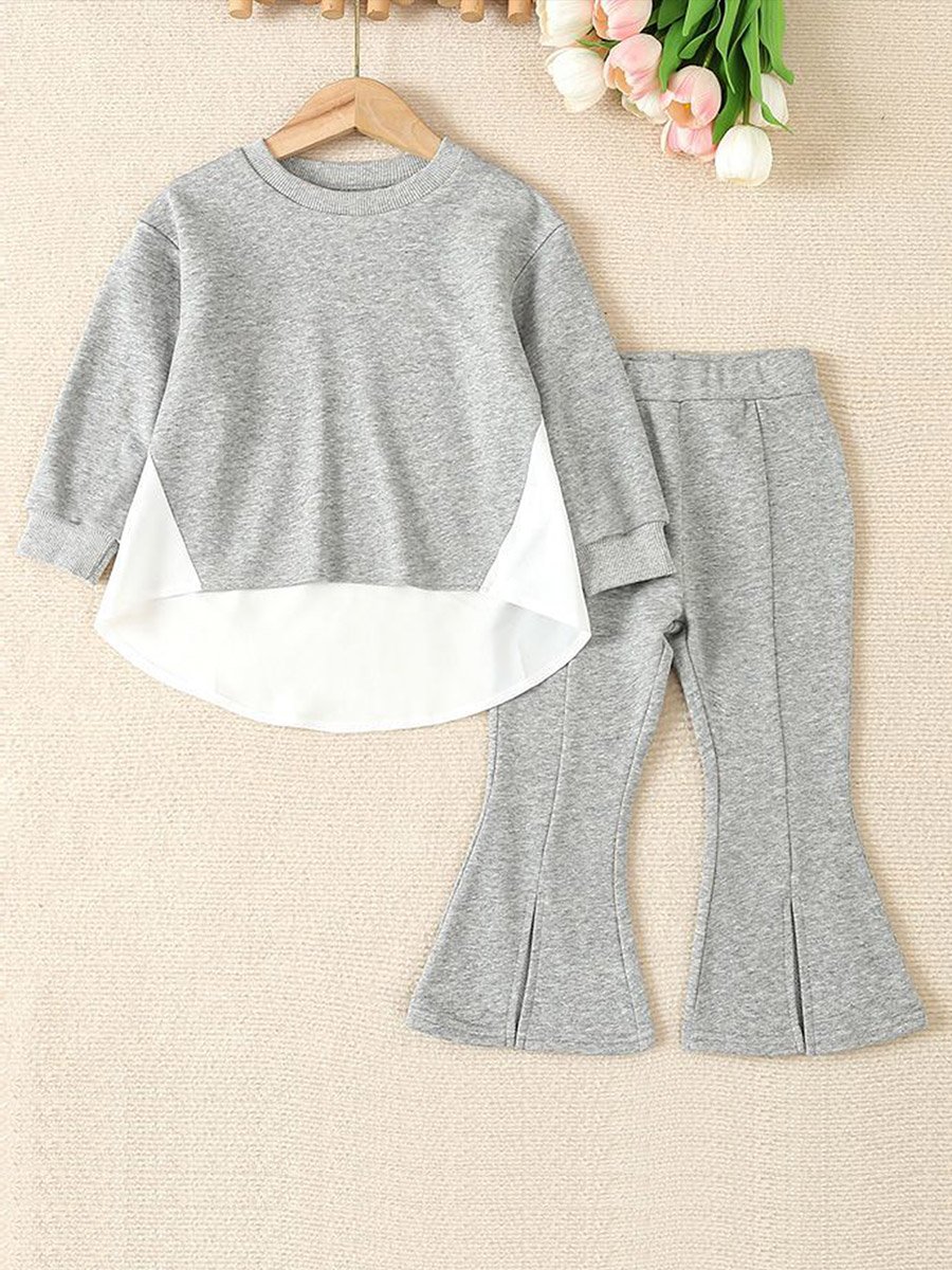 Girls Grey Color Block Sweatshirt and Flare Pants Set