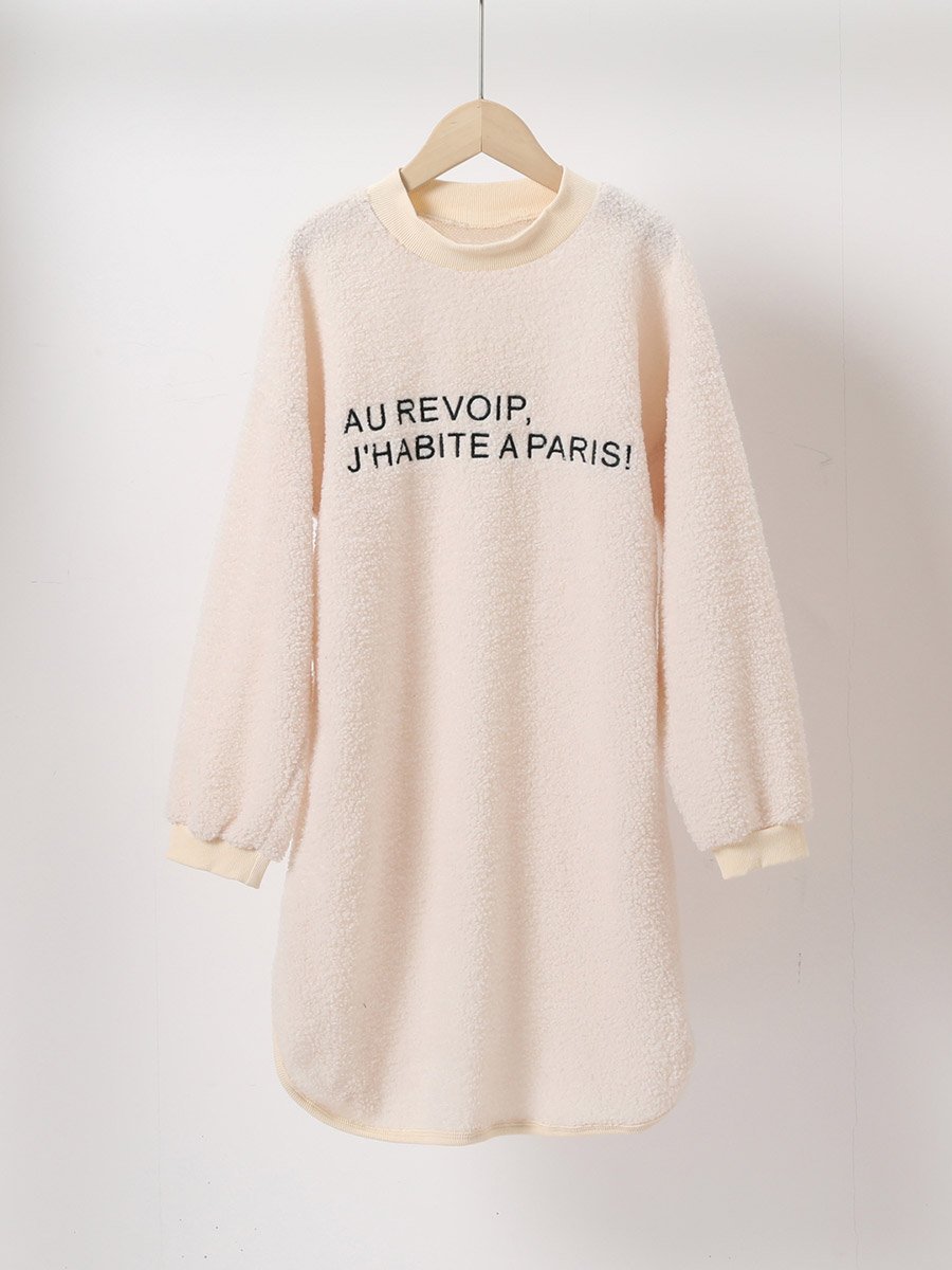 Girl Beige Embroidered Long Sleeve Mini Dress