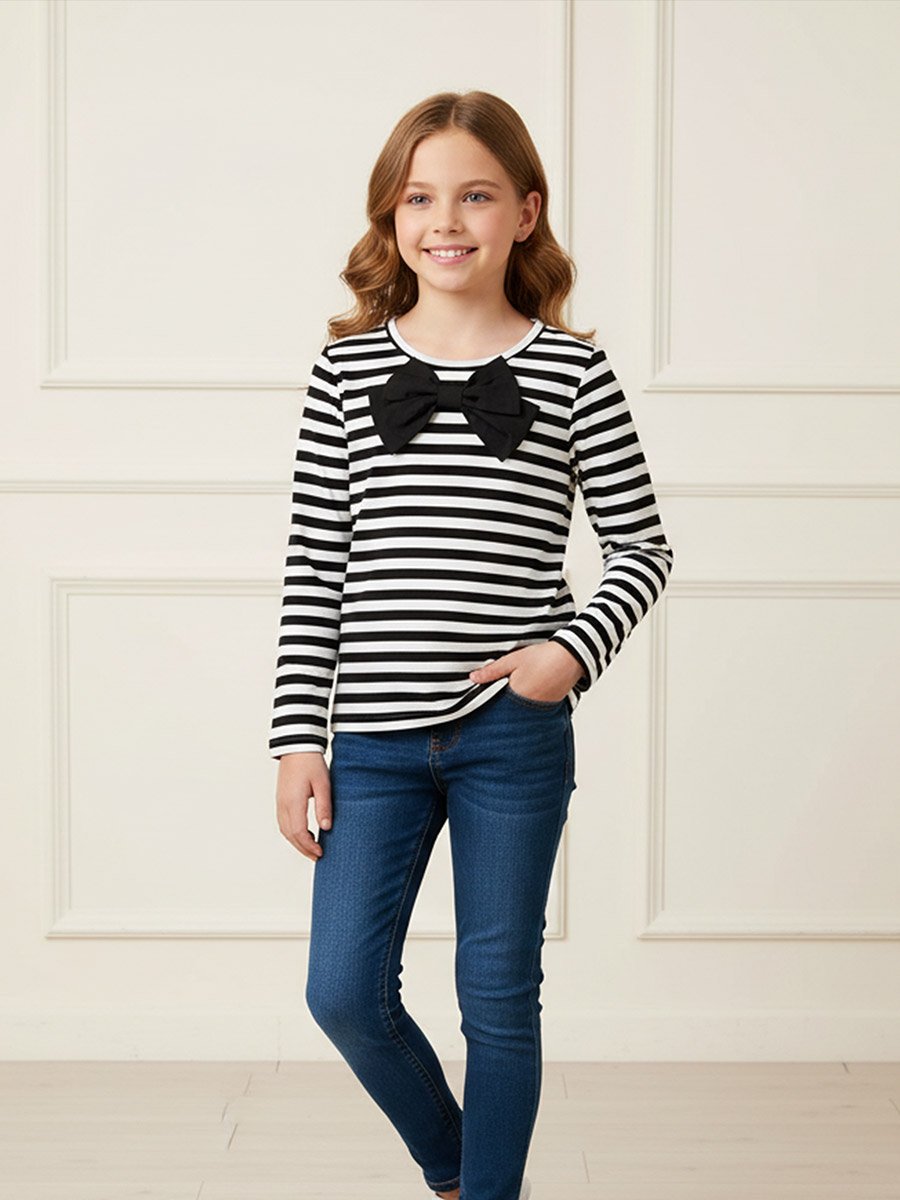 Girls Striped Bow Detail Long Sleeve T-Shirt