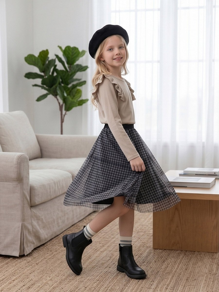 Girls Solid Ruffle Detail Long Sleeve Top