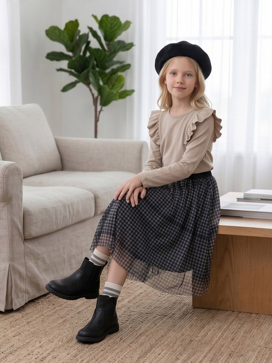 Girls Solid Ruffle Detail Long Sleeve Top