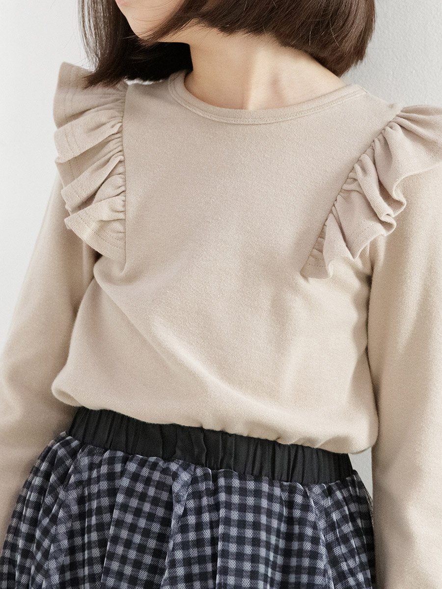 Girls Solid Ruffle Detail Long Sleeve Top
