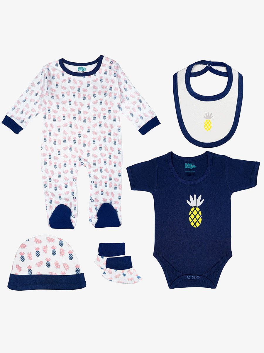 5-Piece 100% Cotton Bib, Romper, Mittens, Cap and Sleepsuit Set