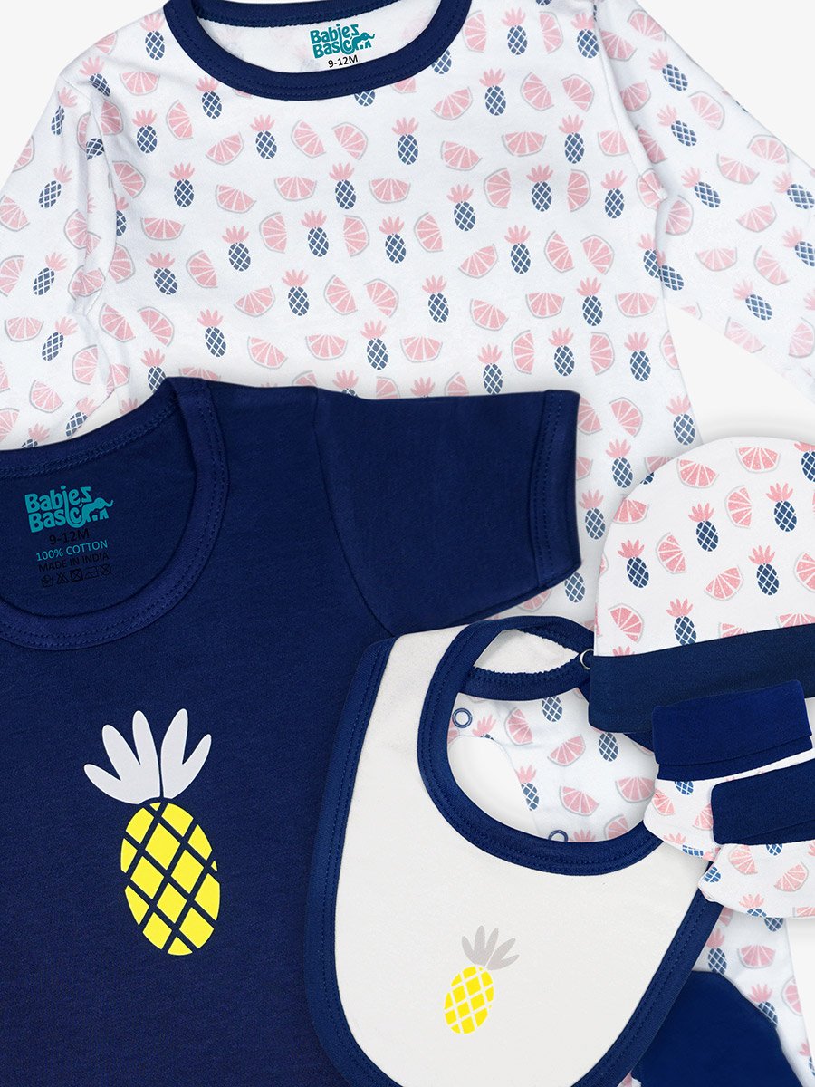 5-Piece 100% Cotton Bib, Romper, Mittens, Cap and Sleepsuit Set