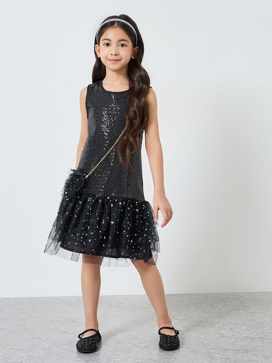 Girls Sequin Drop Waist Dress with Sling Bag For Default Category at Saudi  | Styli