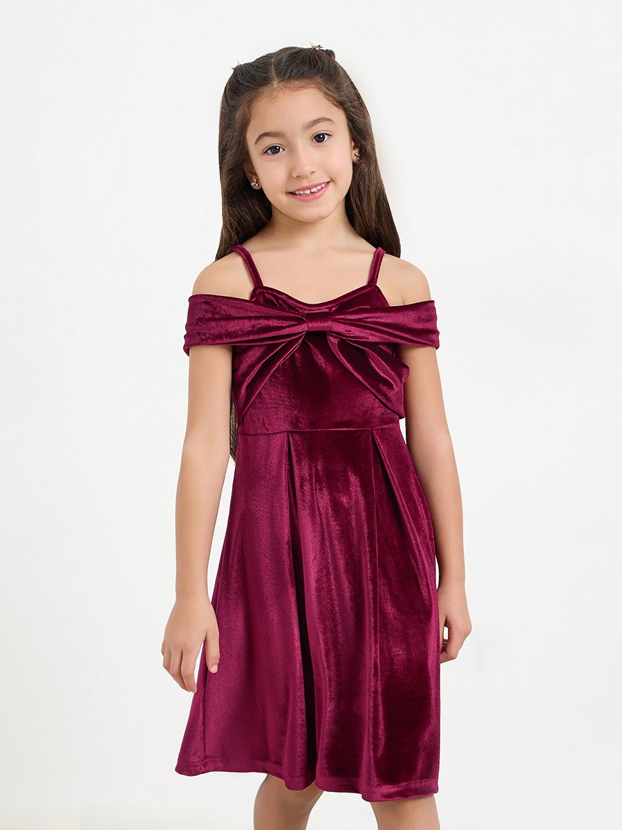 Girls Burgundy Velvet Cold Shoulder Dress