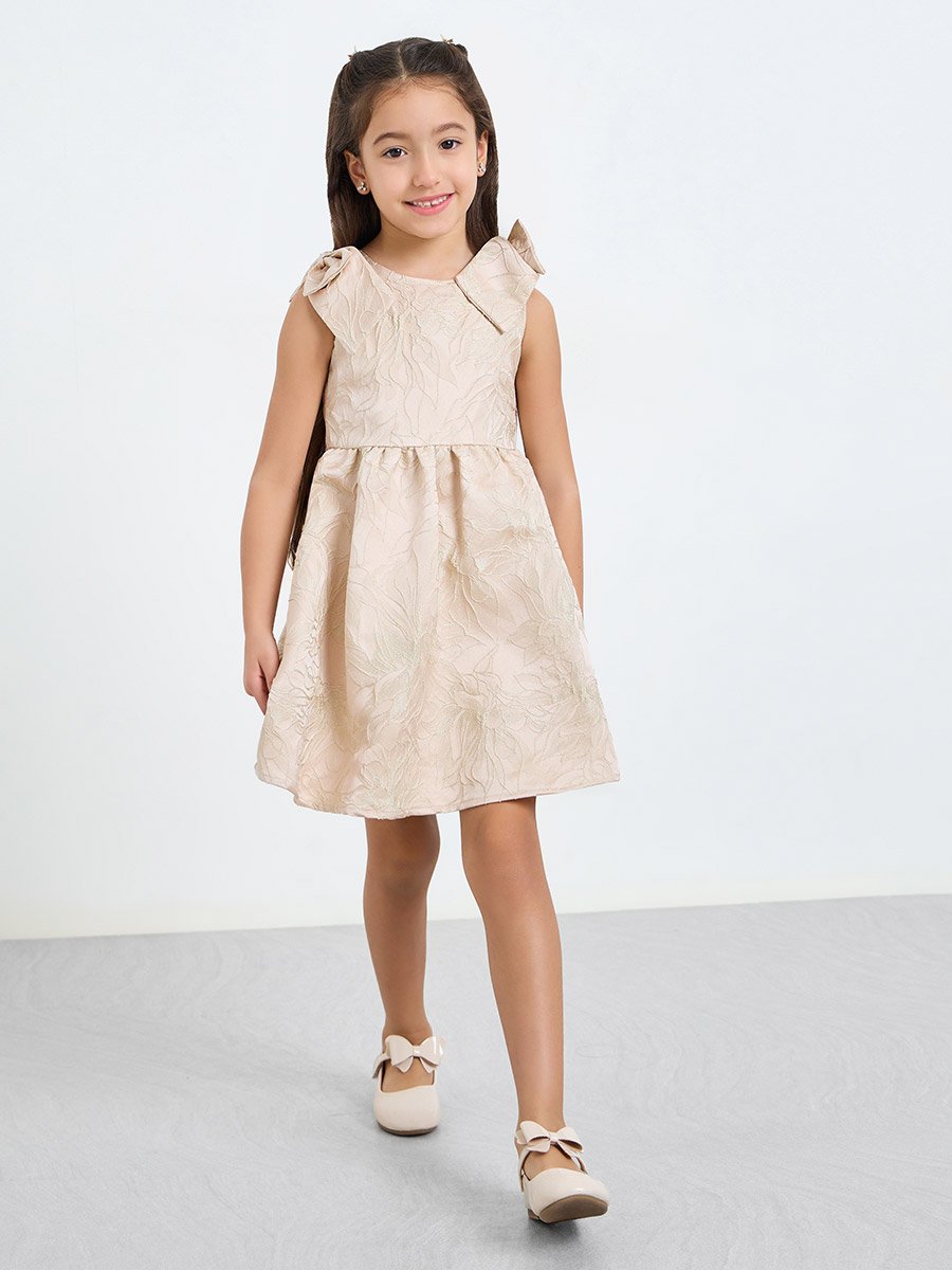 Girls Beige A-Line Dress with Bow Detail