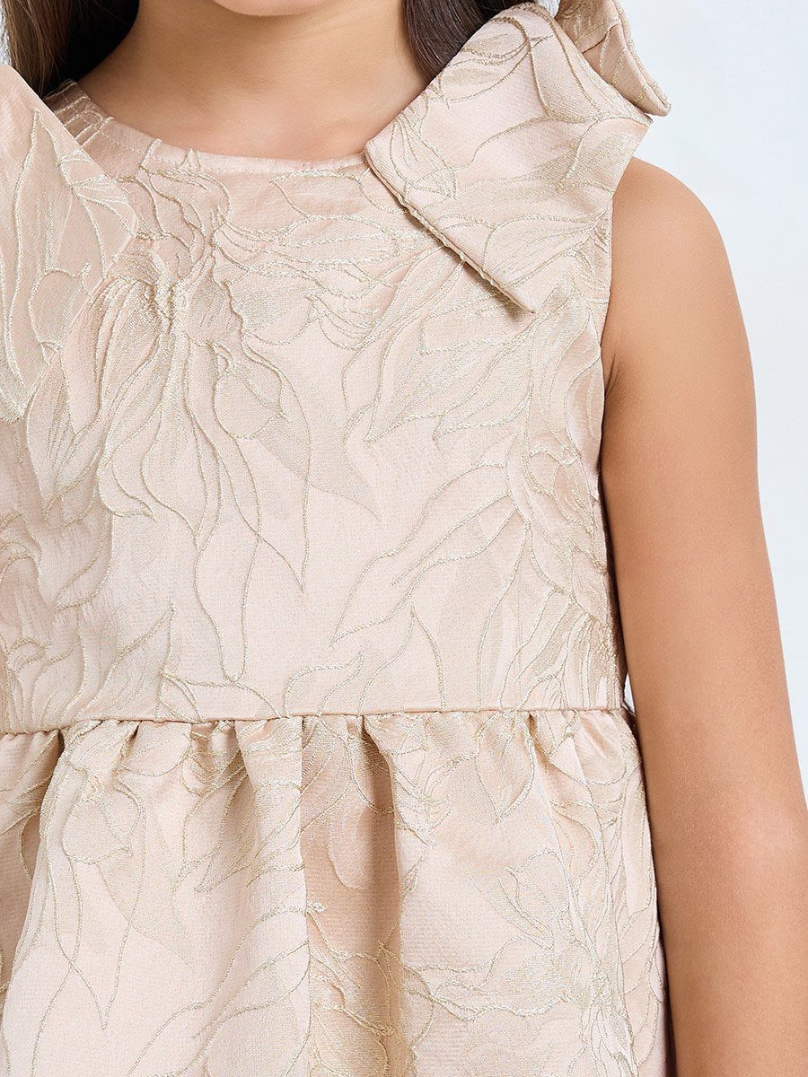 Girls Beige A-Line Dress with Bow Detail