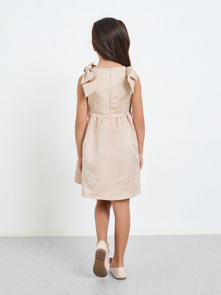 Girls Beige A-Line Dress with Bow Detail