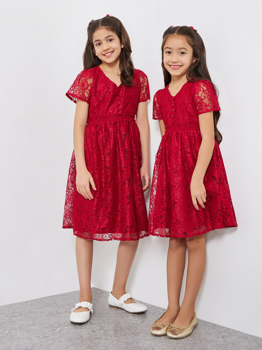 Girls Red Lace A-Line Knee-Length Dress 