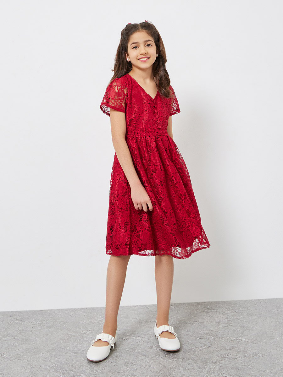 Girls Red Lace A-Line Knee-Length Dress 