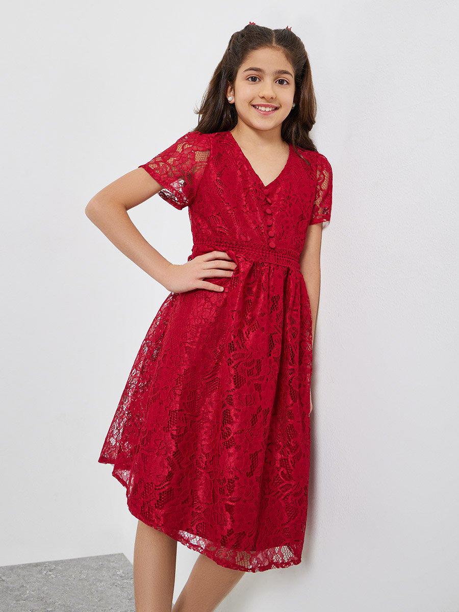 Girls Red Lace A-Line Knee-Length Dress 