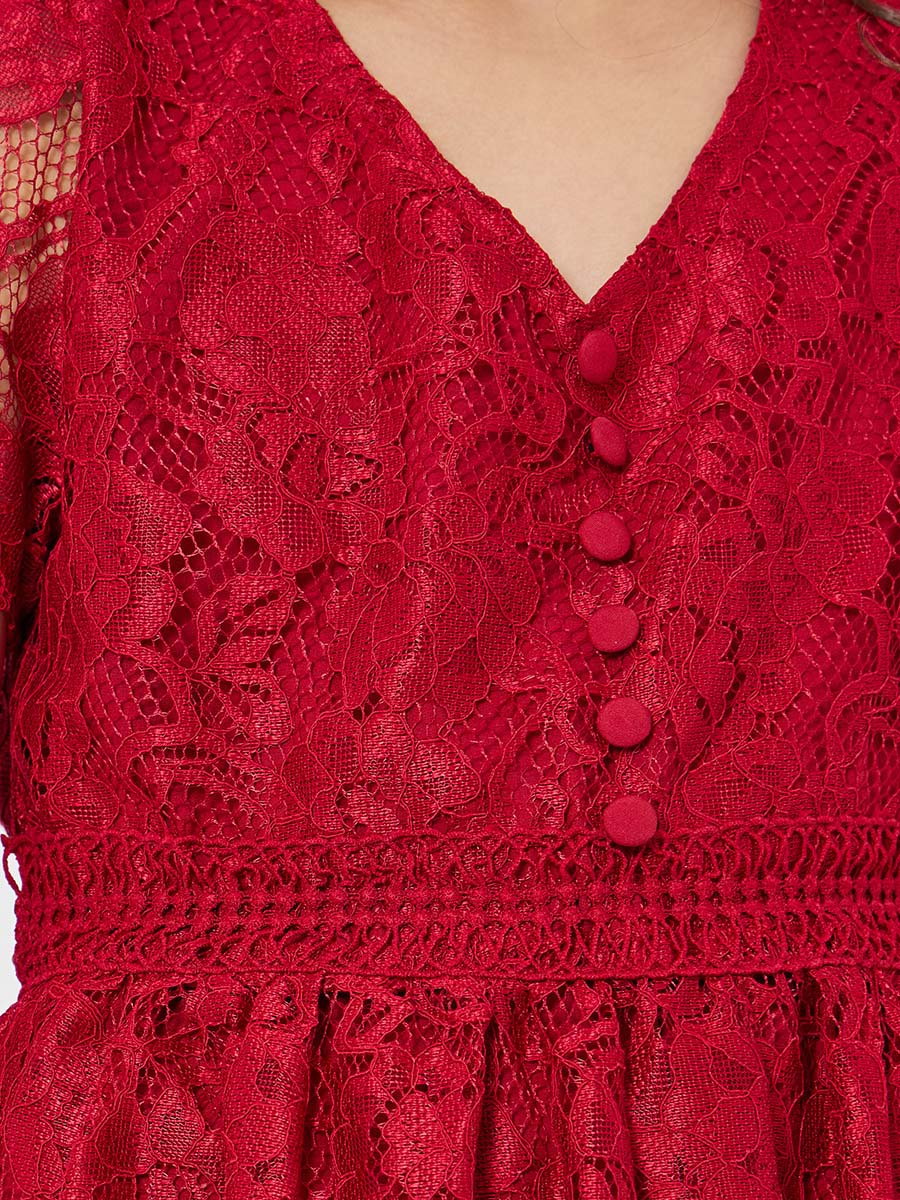 Girls Red Lace A-Line Knee-Length Dress 