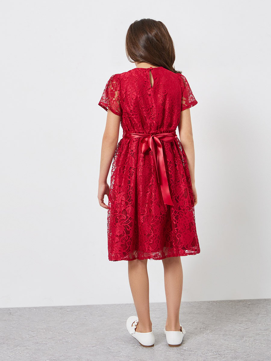 Girls Red Lace A-Line Knee-Length Dress 