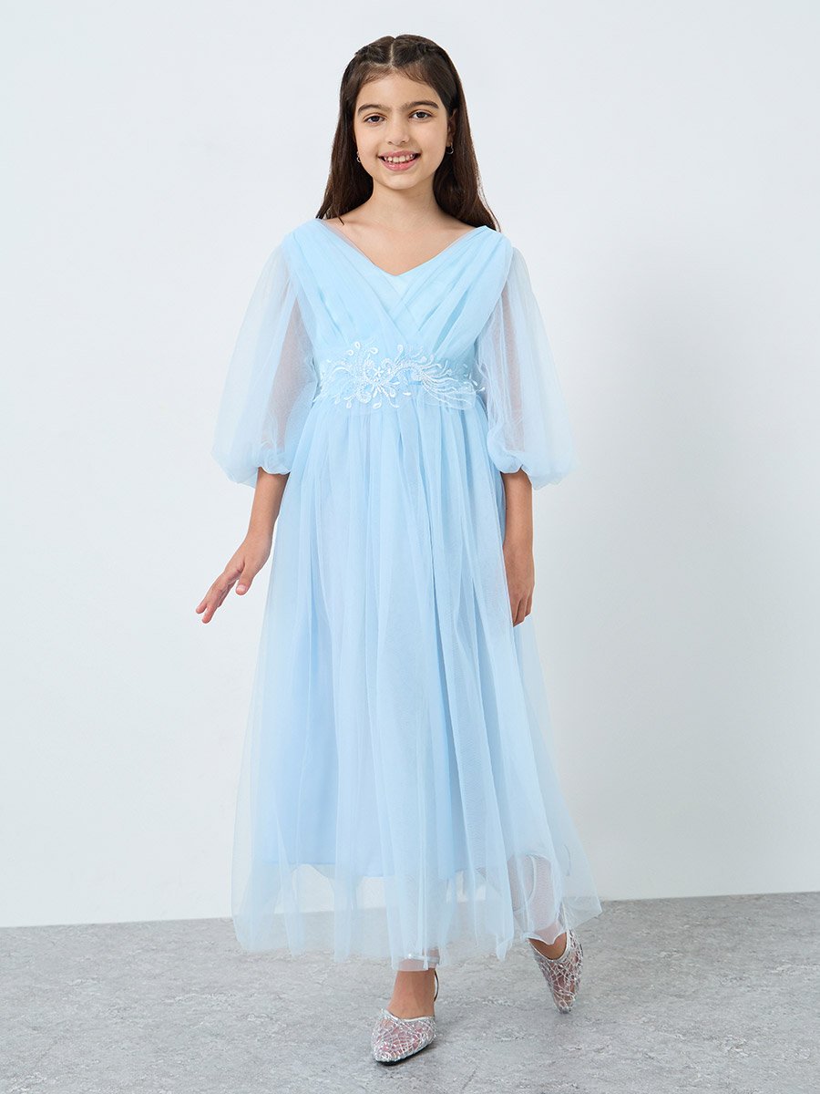 Blue Mesh Lace Detail Balloon Sleeve Dress