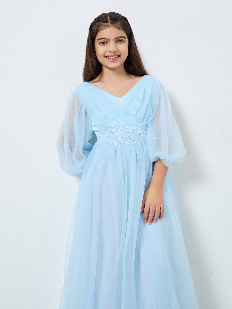 Blue Mesh Lace Detail Balloon Sleeve Dress