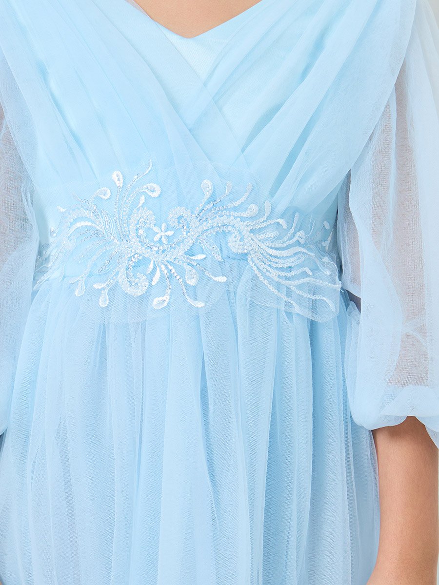 Blue Mesh Lace Detail Balloon Sleeve Dress