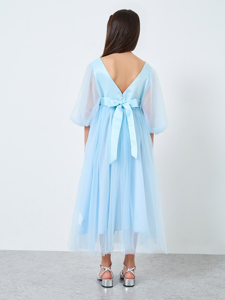 Blue Mesh Lace Detail Balloon Sleeve Dress