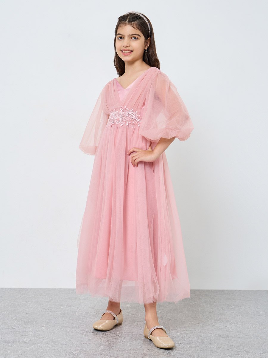 Pink Mesh Lace Detail Balloon Sleeve Dress For Kids at Oman | Styli
