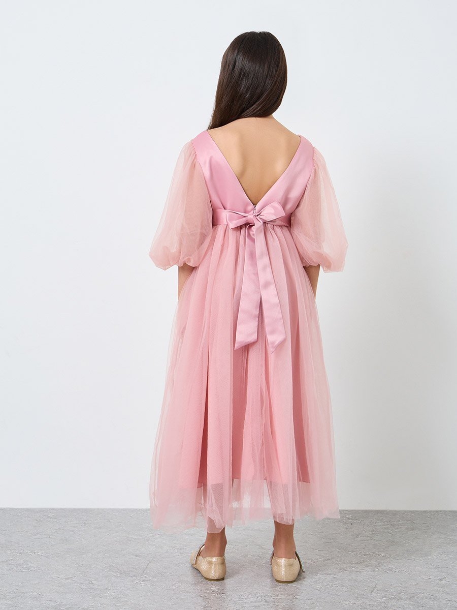 open lace back dress Princess Pink Balloon Sleeves Floral Babydoll Homecoming Dress –  FancyVestido main image 1