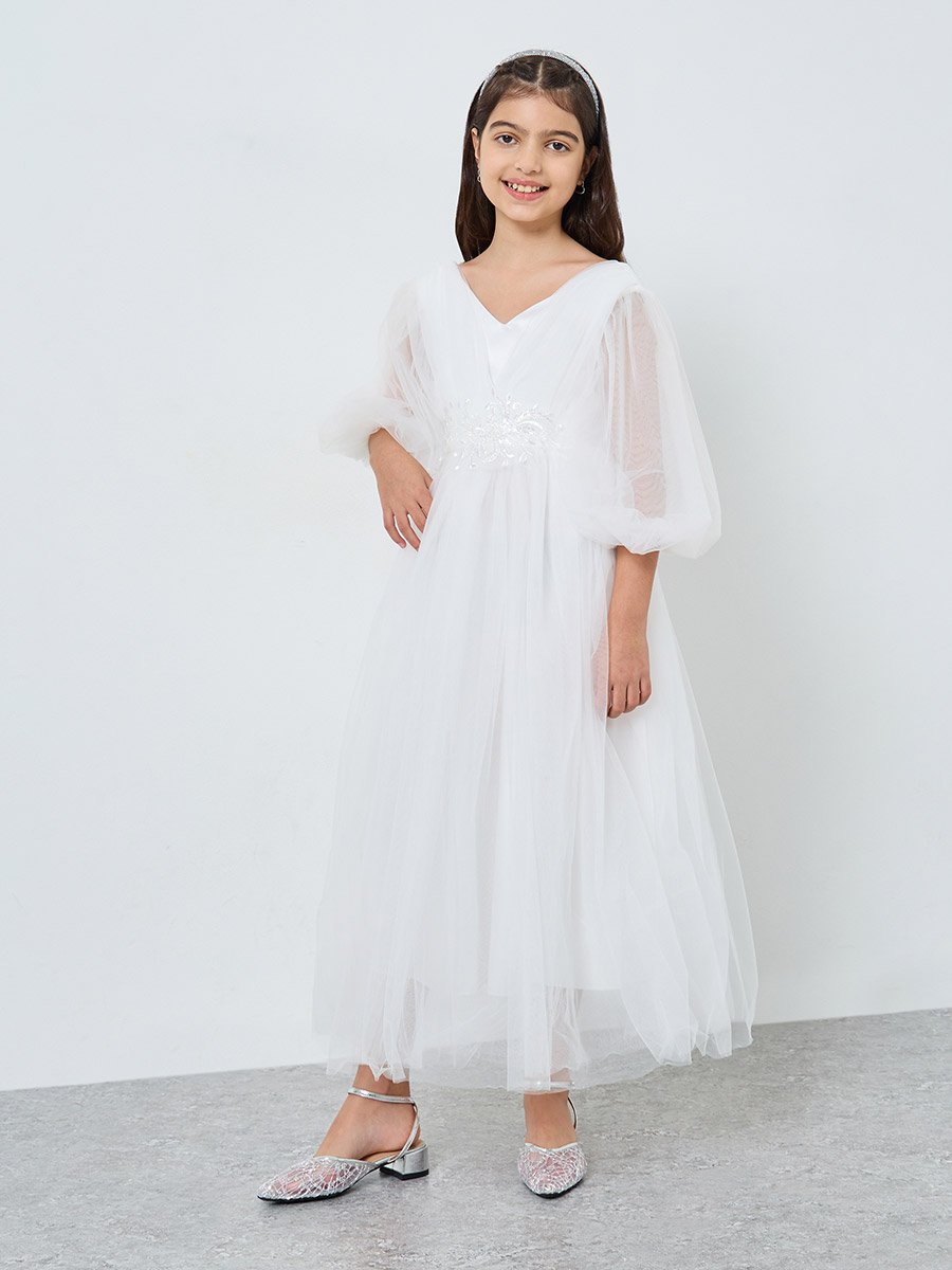 White Mesh Lace Detail Balloon Sleeve Dress