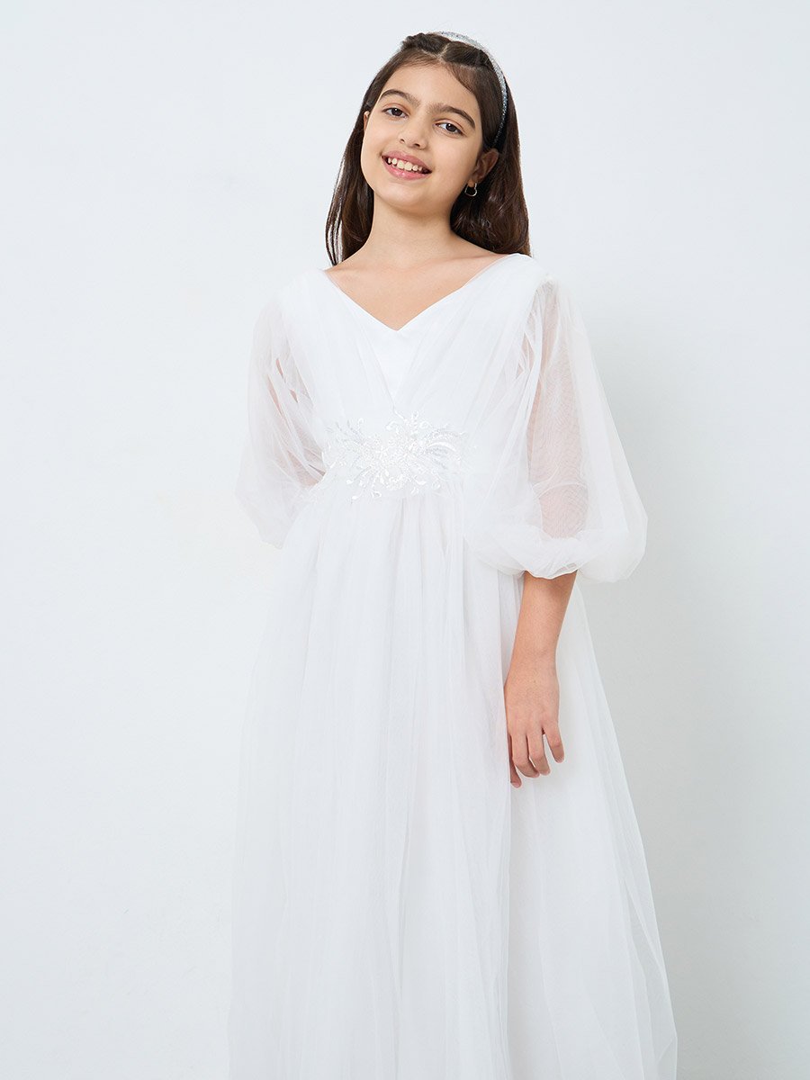 White Mesh Lace Detail Balloon Sleeve Dress