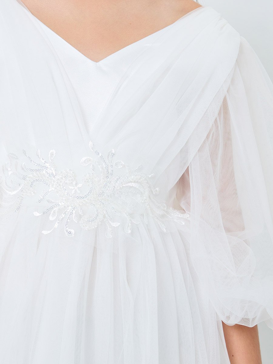 White Mesh Lace Detail Balloon Sleeve Dress