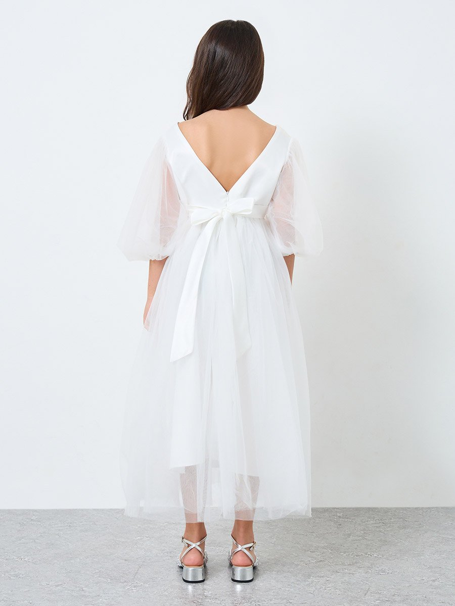 White Mesh Lace Detail Balloon Sleeve Dress