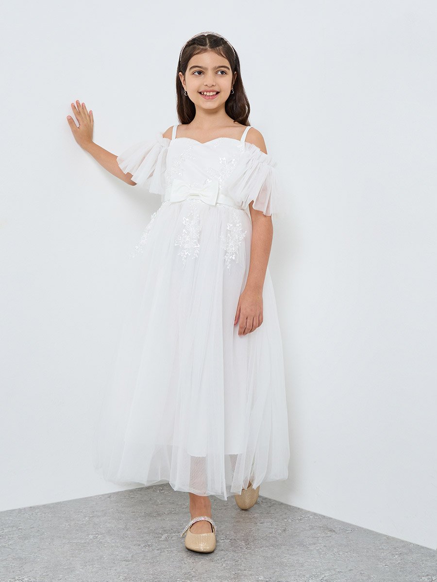 White Lace Insert Bow Detail Dress