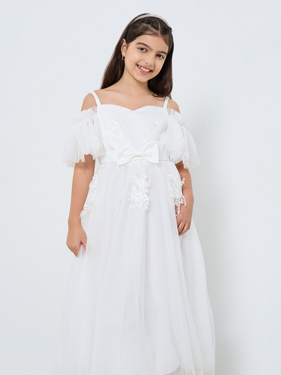 White Lace Insert Bow Detail Dress