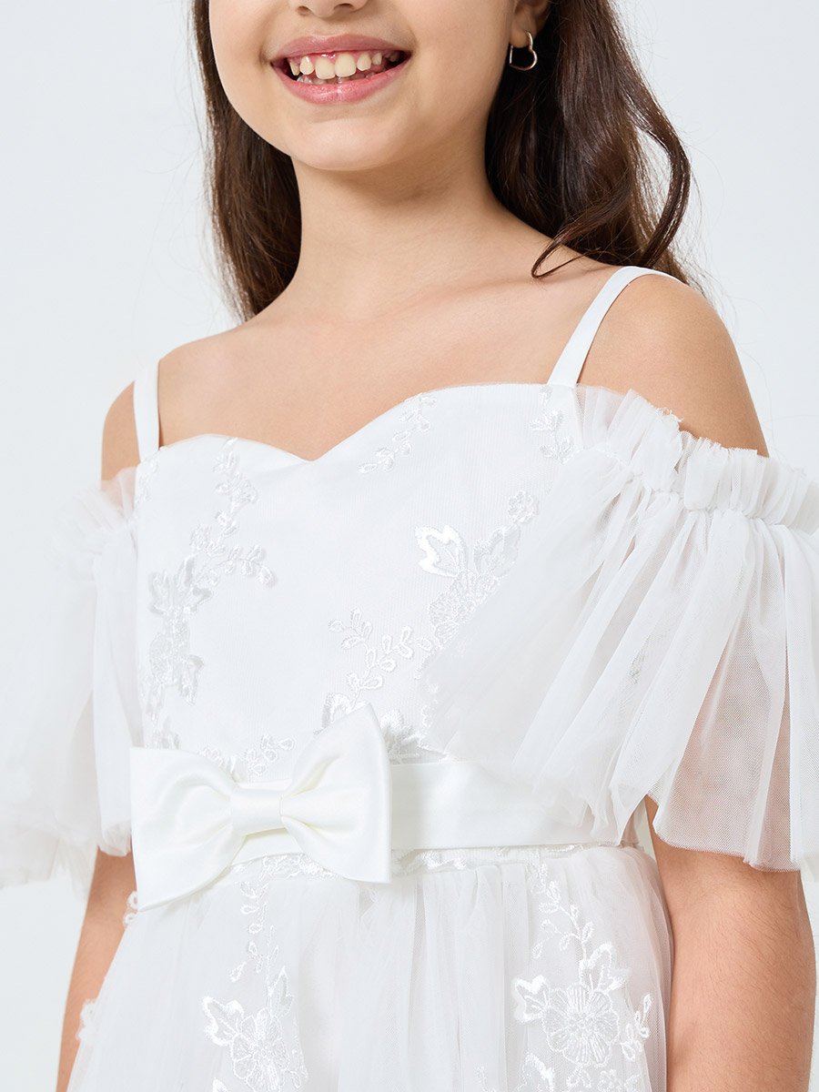 White Lace Insert Bow Detail Dress