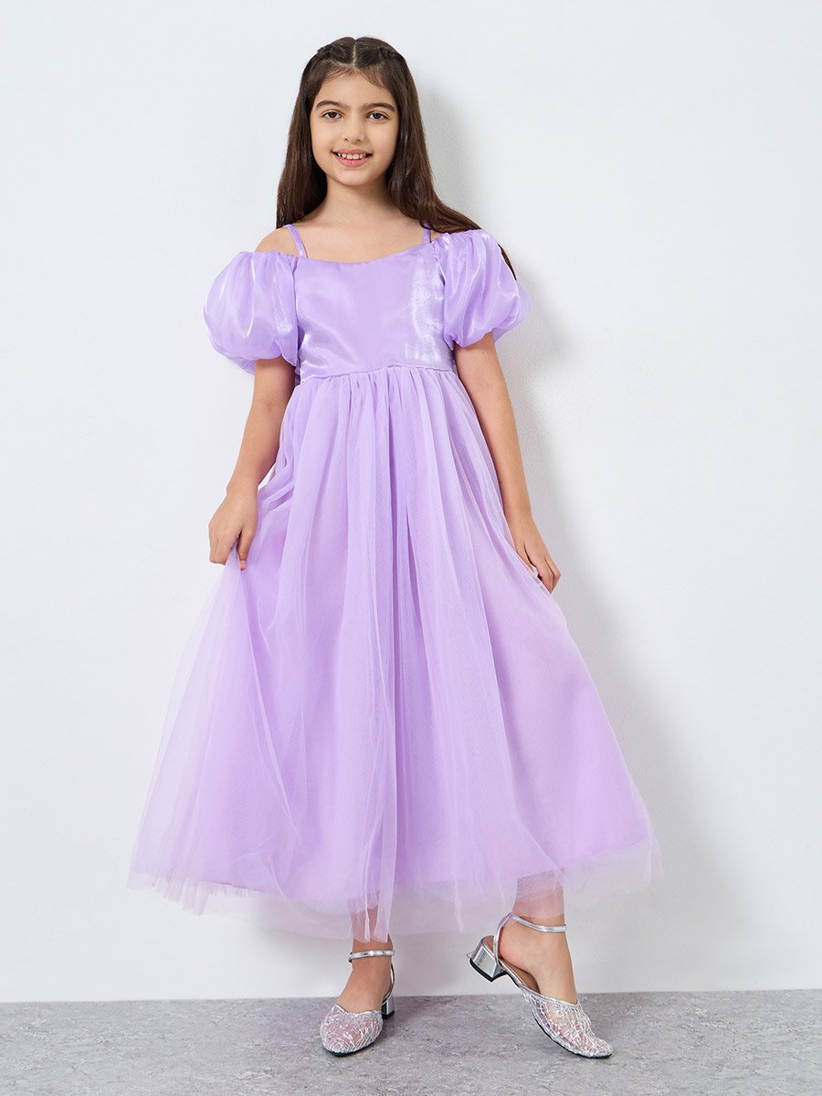 Bow Detail Cold Shoulder Puff Sleeve Dress