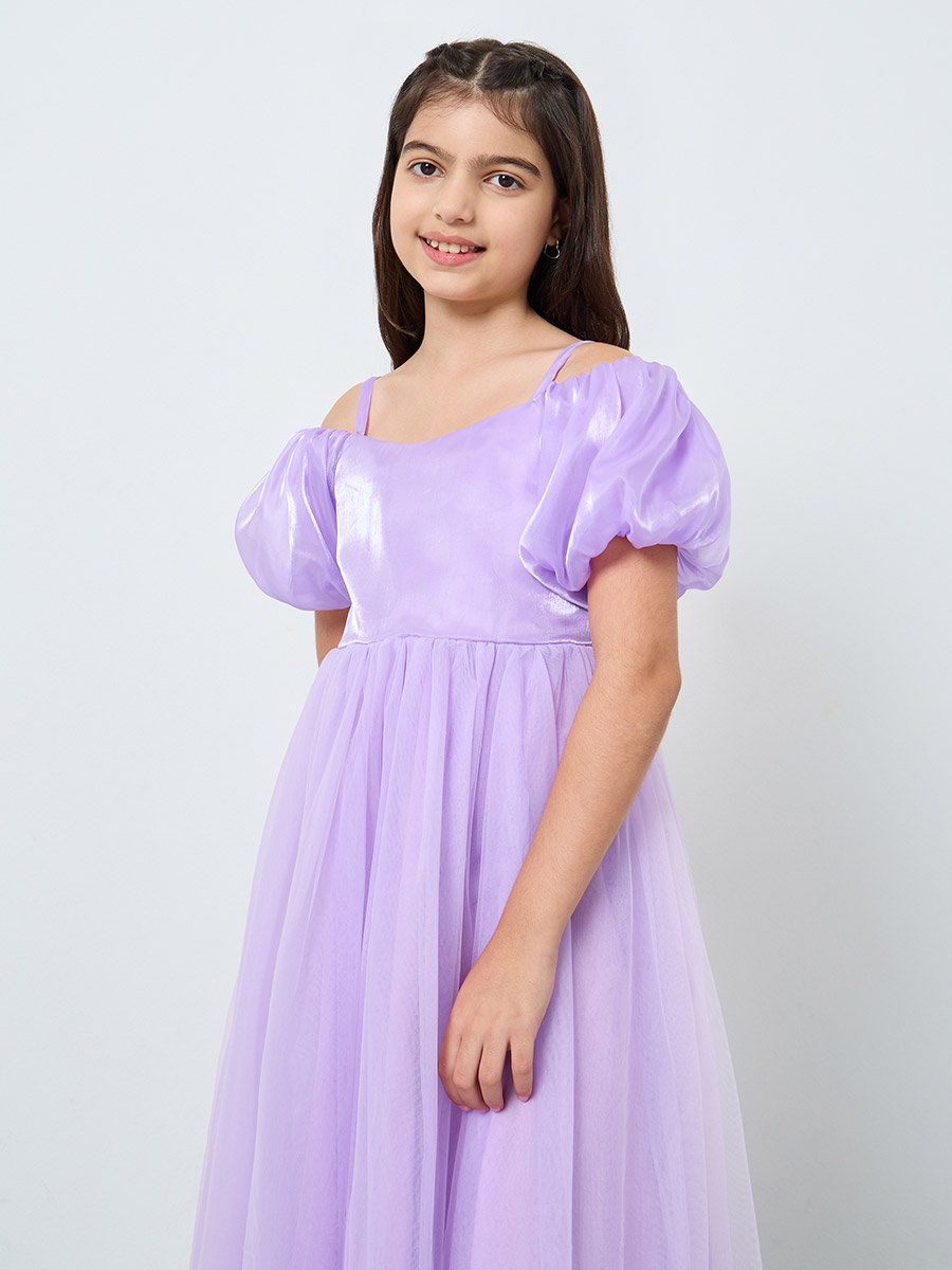 Bow Detail Cold Shoulder Puff Sleeve Dress