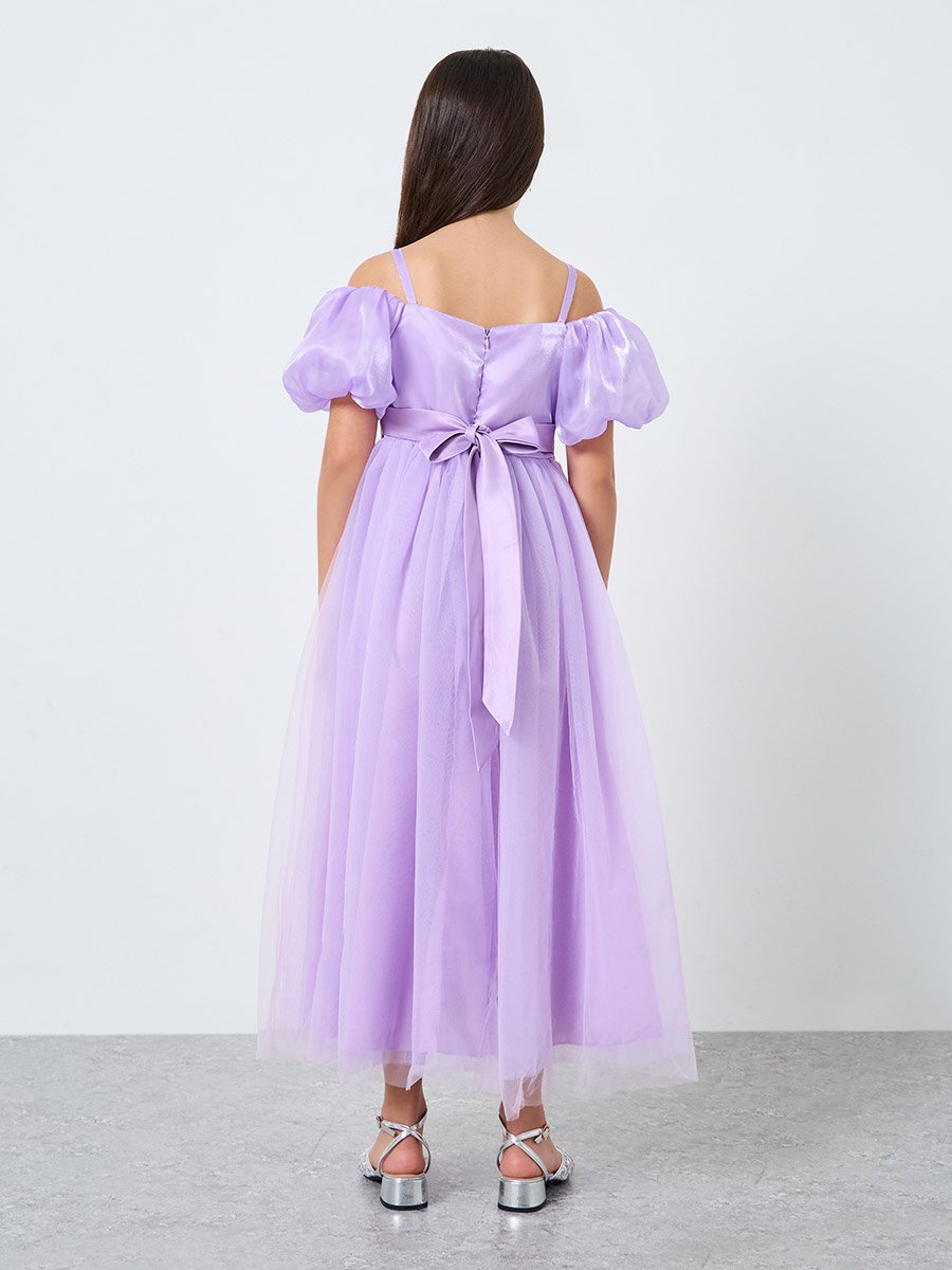 Bow Detail Cold Shoulder Puff Sleeve Dress